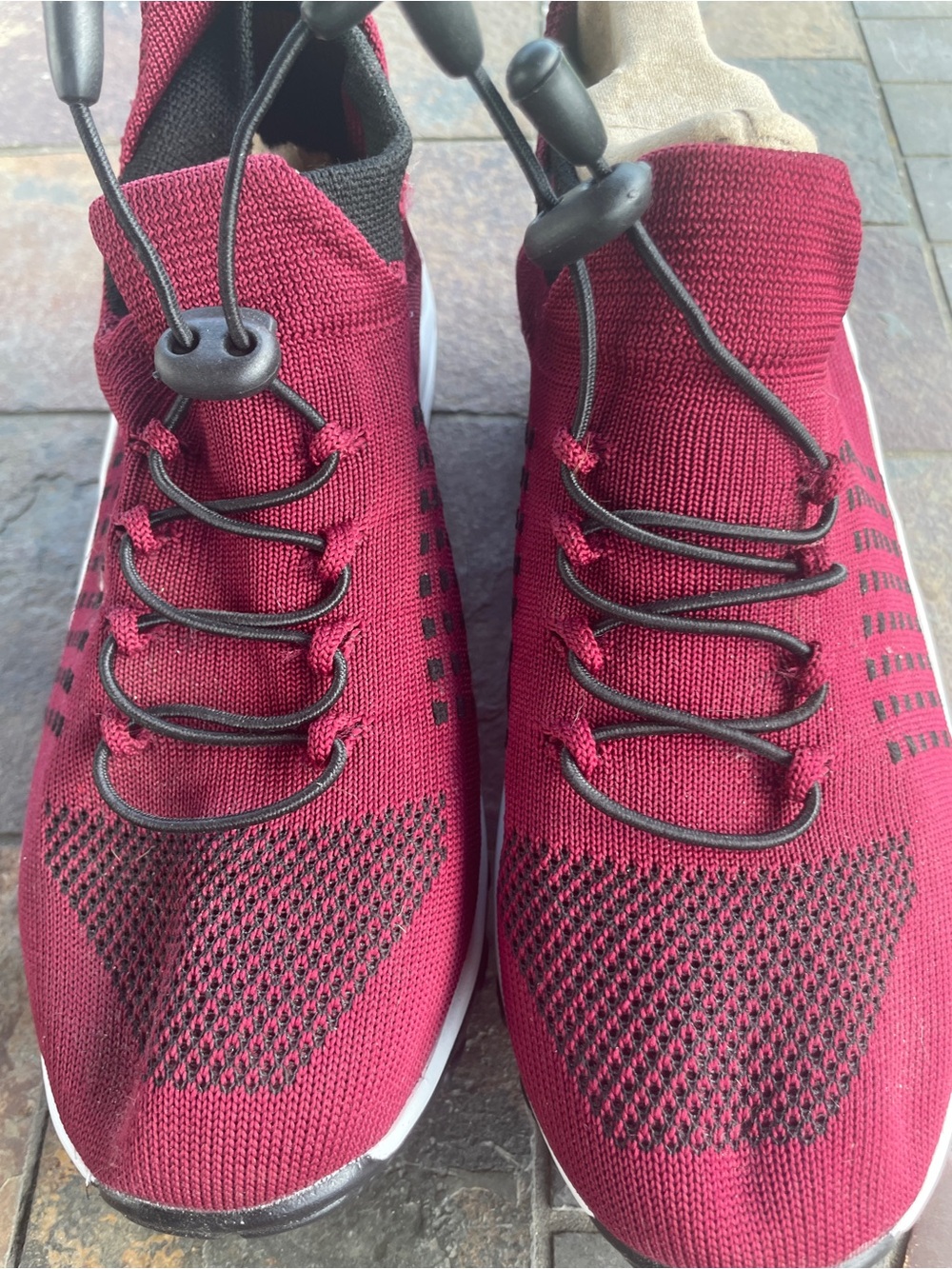 Athletic Shoes in Black and Burgundy 
Slip ons